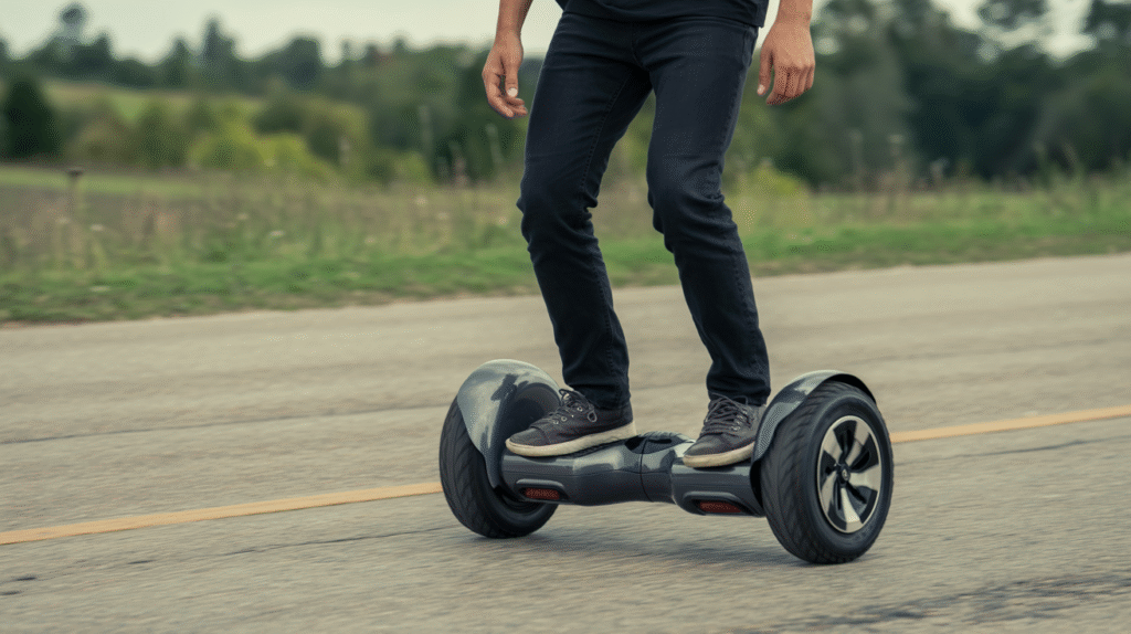 young man riding on his self-balancing allterrain hoverboard