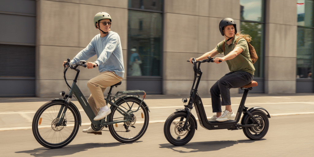 Young adults riding an e-bike and an e-moped side by side in a city setting