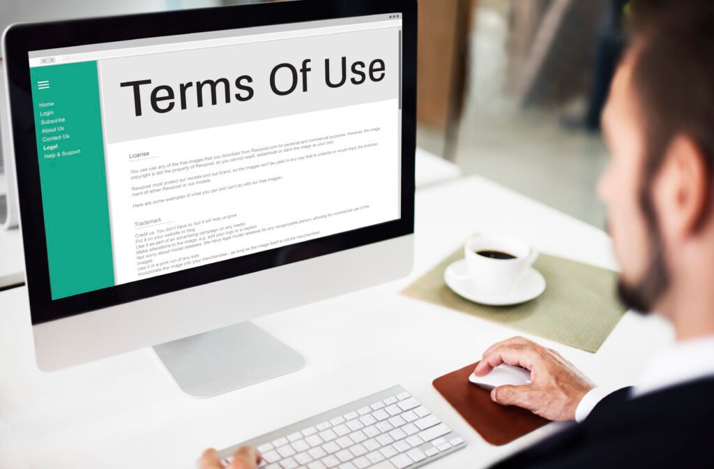 Terms of use and conditions policy document with legal icons