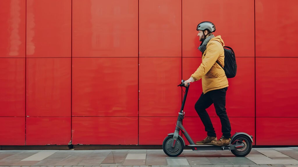 Man commuting on electric scooter Man wearing helmet while commuting to work on his e-scooter