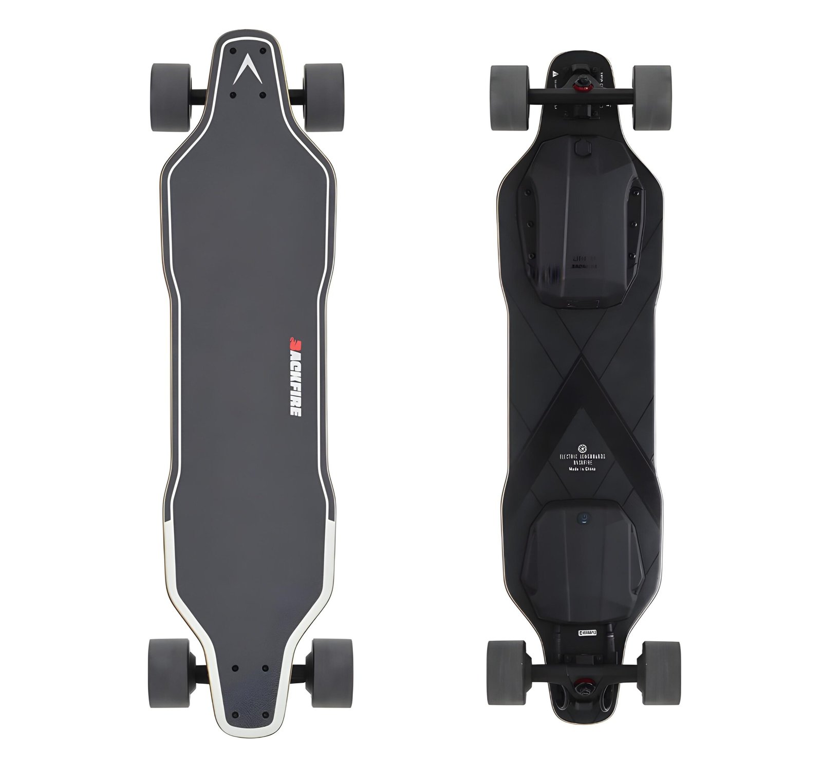 Backfire G2 Black electric skateboard with maple deck, hub motors, and 12.5-mile range for beginner riders