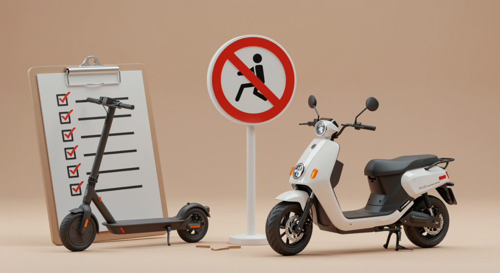 Electric scooter and electric moped parked side by side near a road sign and a checklist clipboard Electric scooter and electric moped parked side by side near a road sign and a checklist clipboard